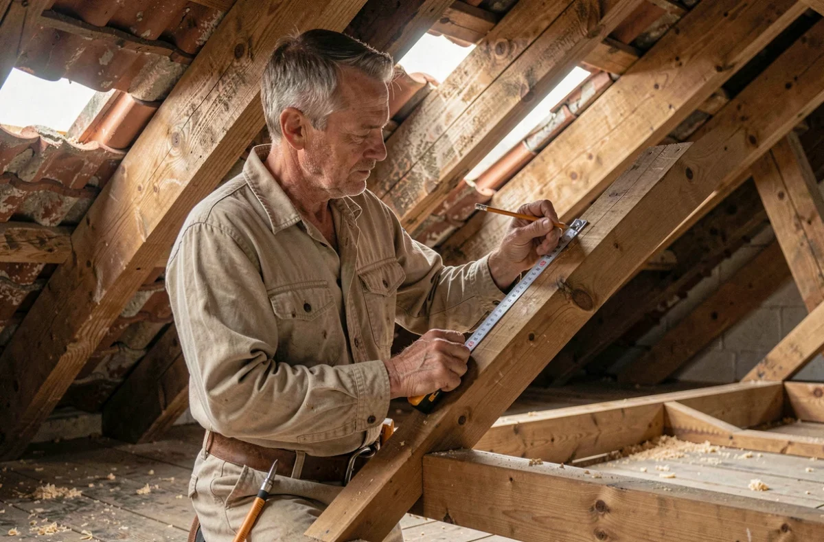 Charpentier mesurant un chevêtre dans une charpente existante lors de la pose d'un velux en rénovation