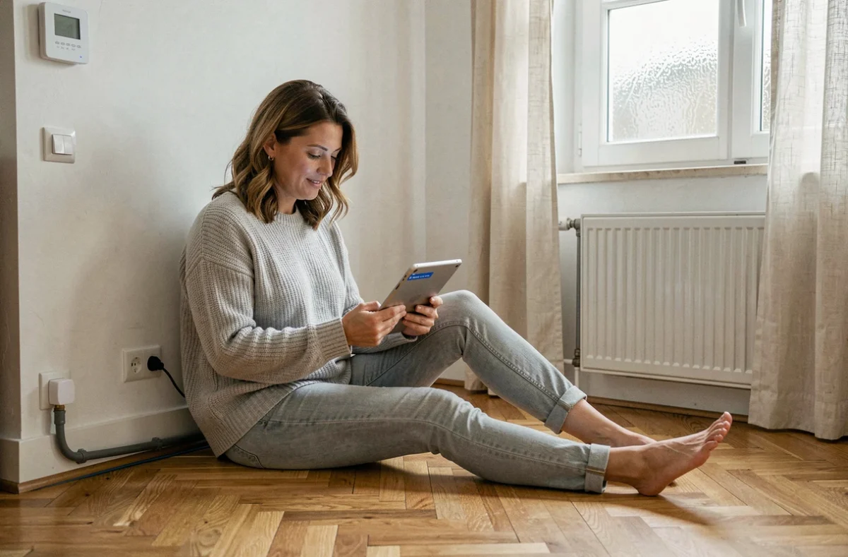 Femme profitant d'un chauffage au sol alimenté par des panneaux solaires thermiques dans un salon confortable