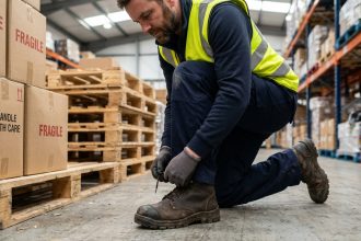 Ouvrier en entrepôt portant des chaussures de sécurité à embout acier sur un sol en béton industriel