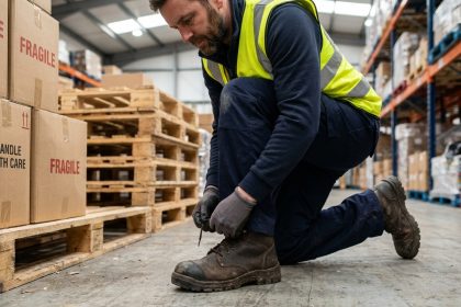 Ouvrier en entrepôt portant des chaussures de sécurité à embout acier sur un sol en béton industriel