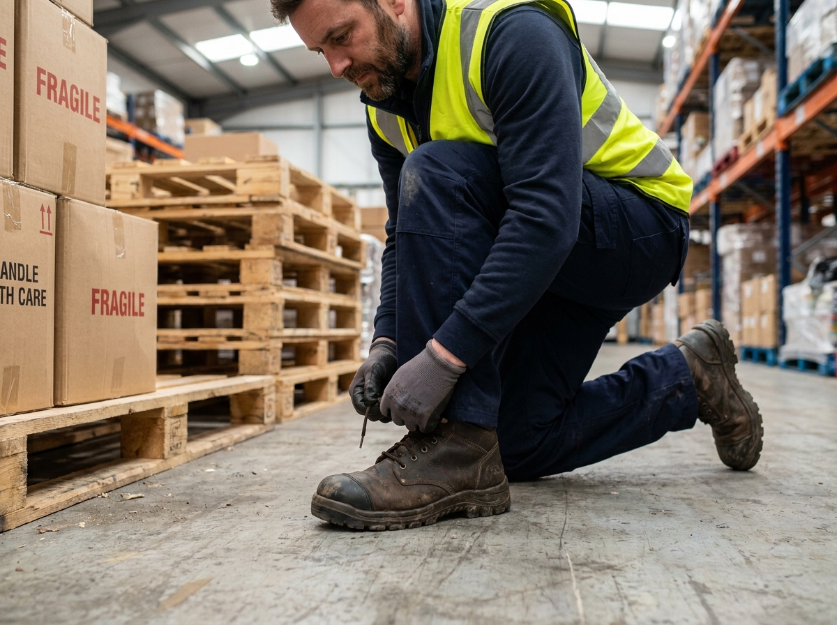 Ouvrier en entrepôt portant des chaussures de sécurité à embout acier sur un sol en béton industriel