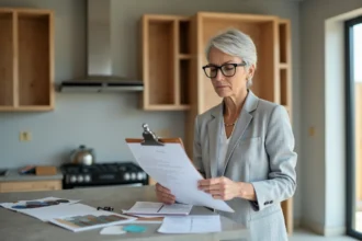 Femme en blazer gris révisant une check-list de projet de construction dans une cuisine en cours d'aménagement