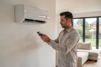 Homme utilisant une télécommande de climatisation murale dans un salon moderne et lumineux