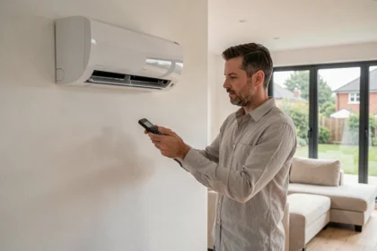 Homme utilisant une télécommande de climatisation murale dans un salon moderne et lumineux