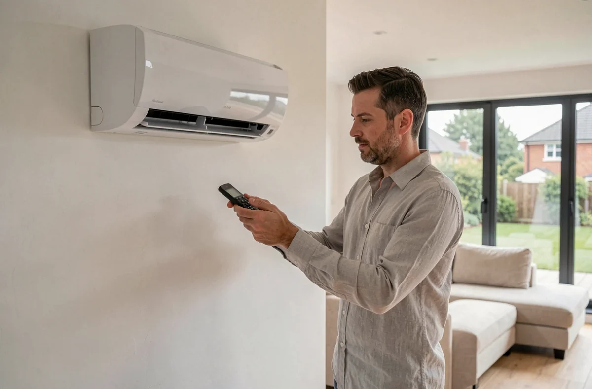 Homme utilisant une télécommande de climatisation murale dans un salon moderne et lumineux
