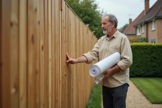 Propriétaire debout devant une clôture en bois non conforme au PLU tenant des documents d'urbanisme dans un jardin de maison individuelle