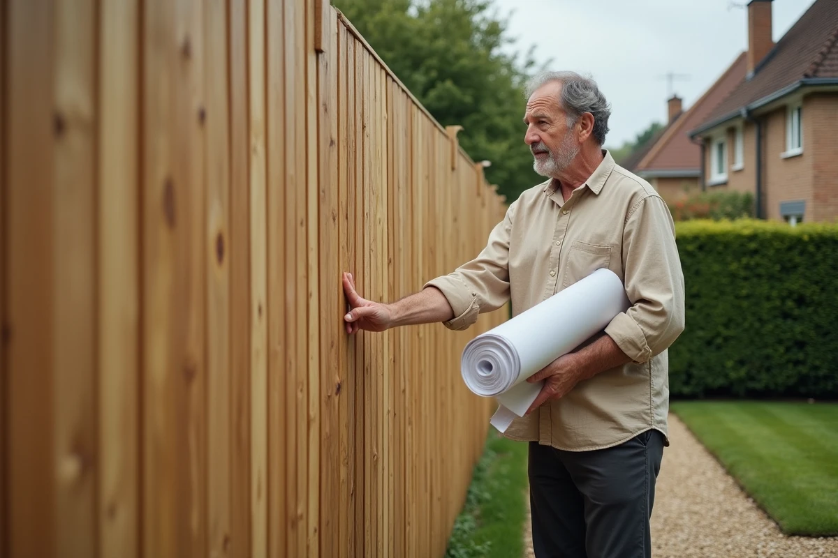 Propriétaire debout devant une clôture en bois non conforme au PLU tenant des documents d'urbanisme dans un jardin de maison individuelle
