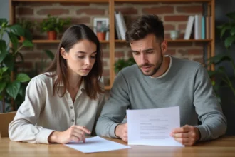 Deux colocataires examinent leur contrat d'assurance habitation Macif autour d'une table en bois dans un appartement moderne