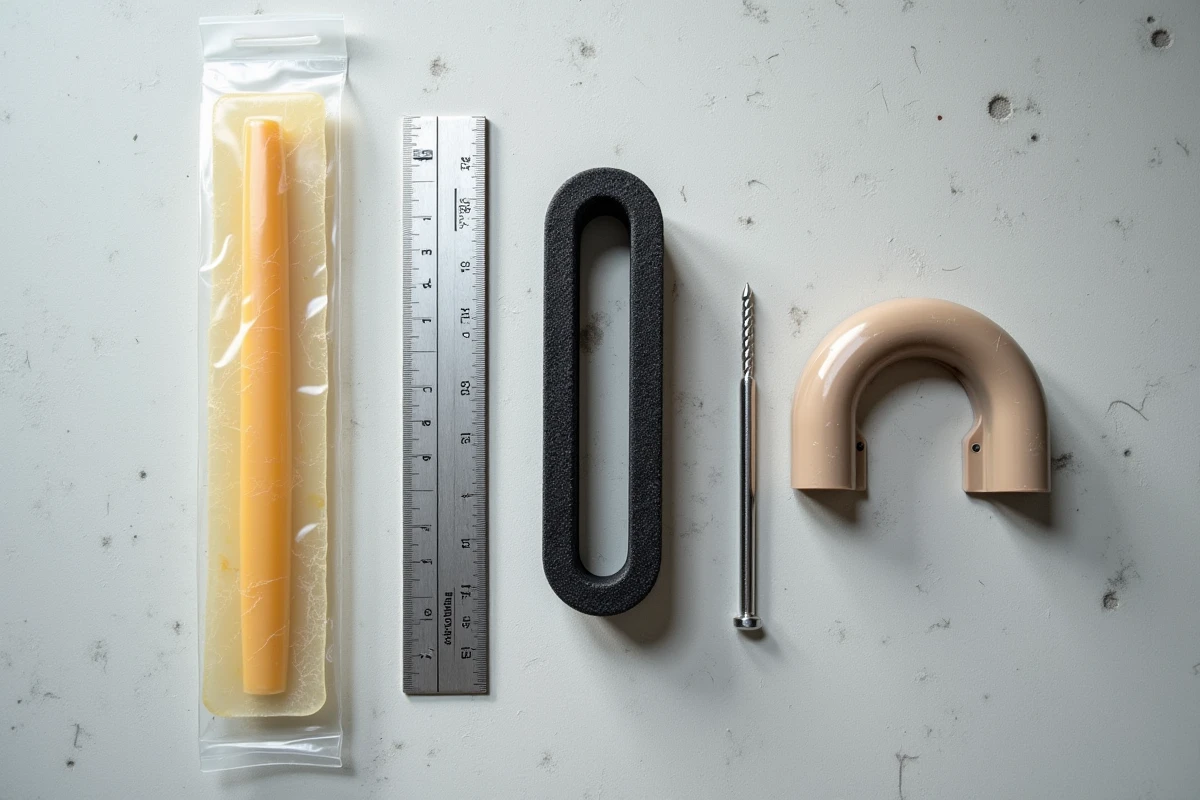 Vue à plat comparant trois modèles d'anti-pince doigt pour porte à différents stades de vie : usagé, mi-vie et neuf, posés sur un établi en béton avec outils de mesure