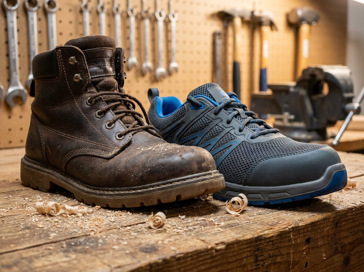 Comparaison entre une chaussure de travail traditionnelle et une basket de sécurité moderne posées sur un établi en bois