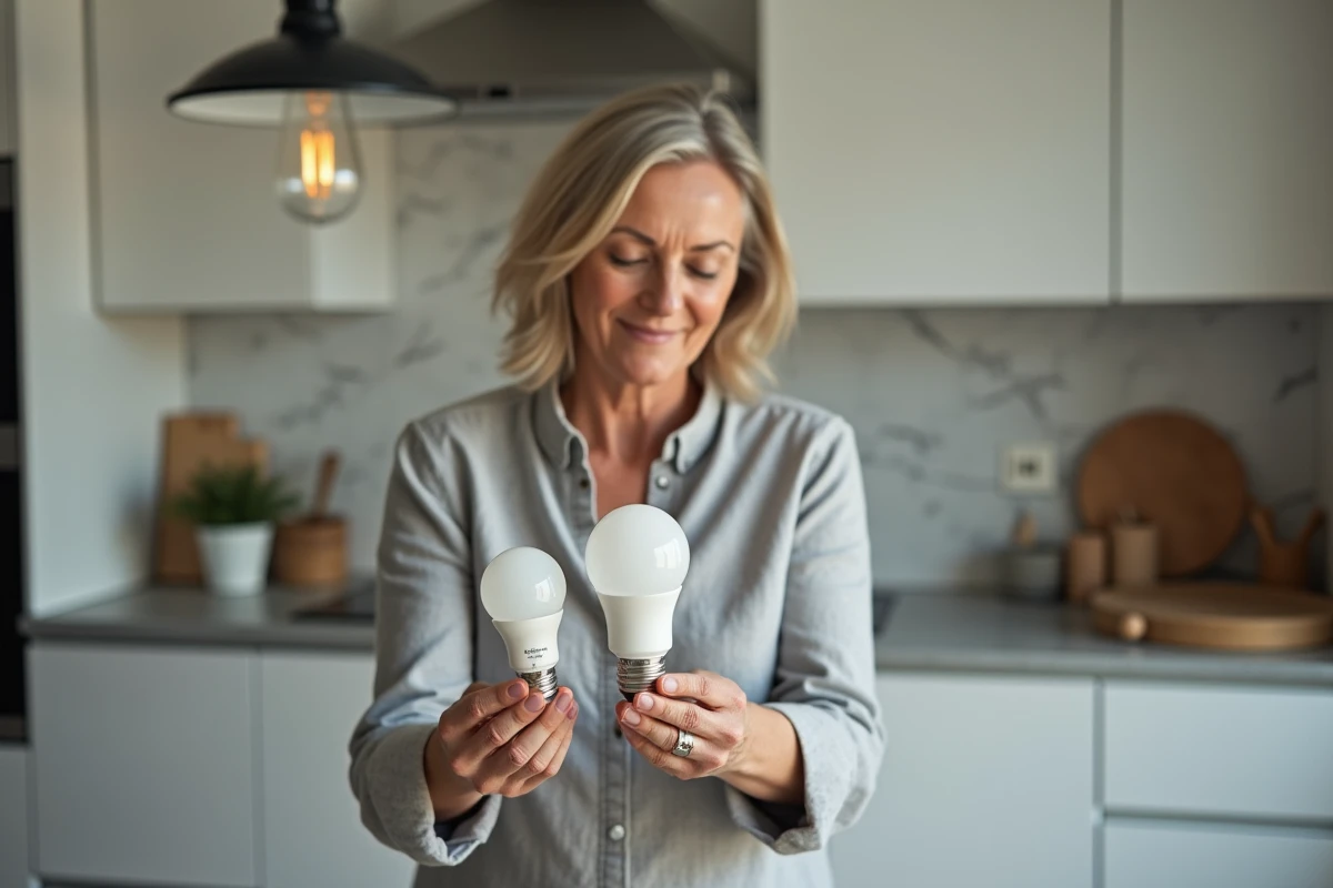 Femme comparant deux types de culots d'ampoules E27 et B22 dans une cuisine moderne