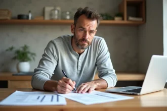 Homme comparant des devis de rénovation sur papier et en ligne à une table de cuisine en travaux