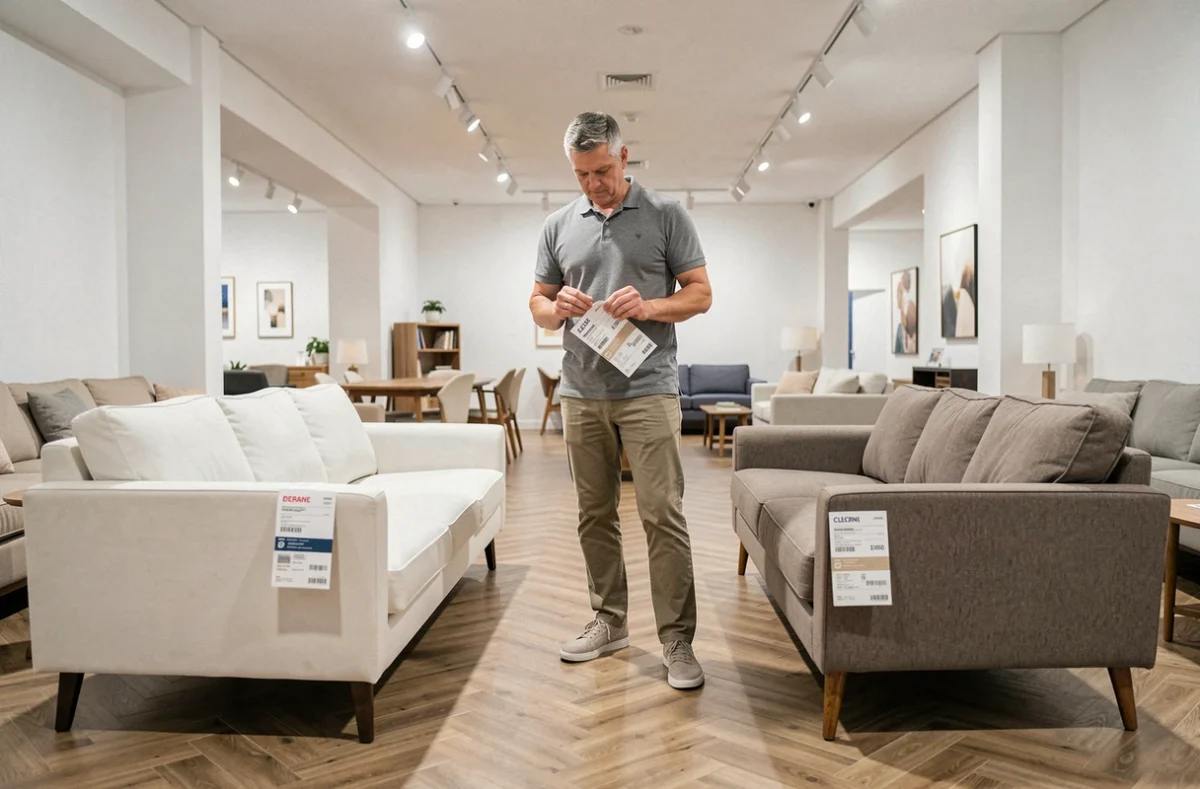Homme comparant le prix d'un canapé neuf et d'un canapé en déstockage dans une salle d'exposition de meubles
