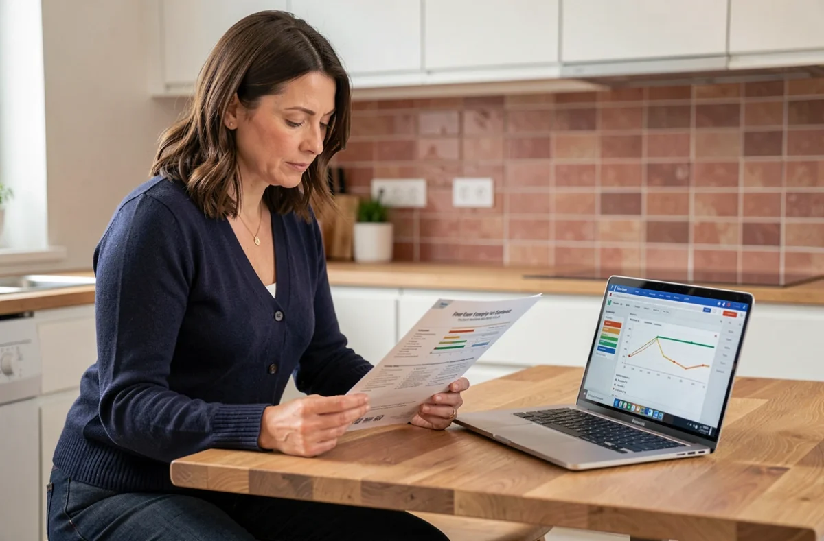 Femme comparant les options pompe à chaleur et climatisation sur des documents énergétiques dans une cuisine moderne