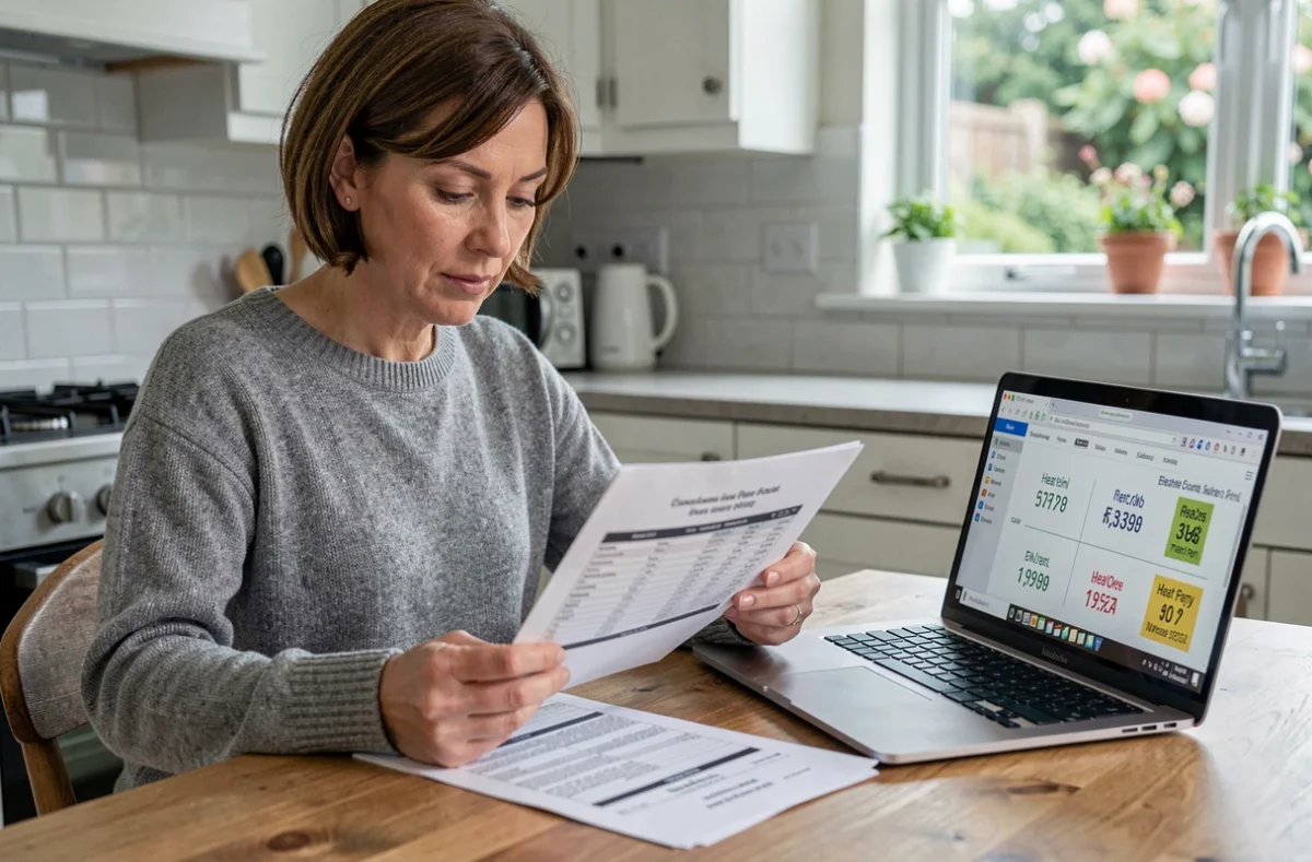 Femme consultant une facture et un comparatif de prix pour l'installation d'une pompe à chaleur à domicile