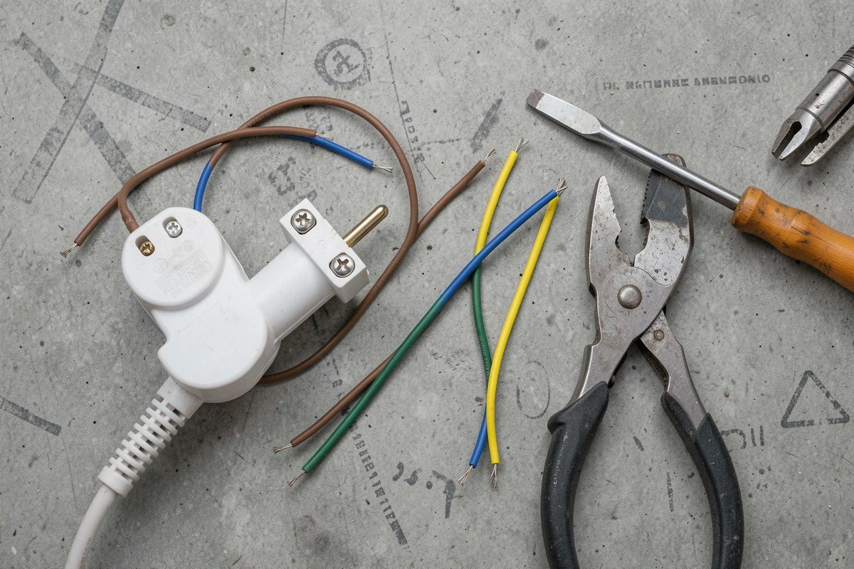 Vue en plongée des composants d'une prise mâle électrique avec fils dénudés et outils de câblage