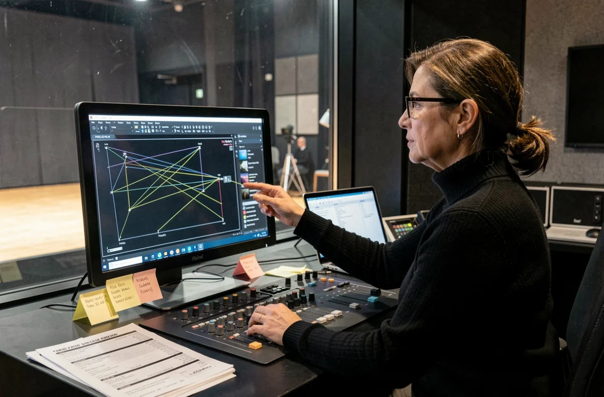 Conceptrice lumière analysant un plan de scène avec projecteurs PARLED depuis une régie de production