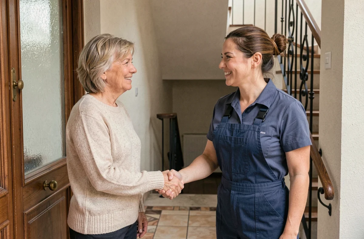 Rencontre de confiance entre une cliente et une femme de ménage professionnelle à l'entrée d'un immeuble à Colombes