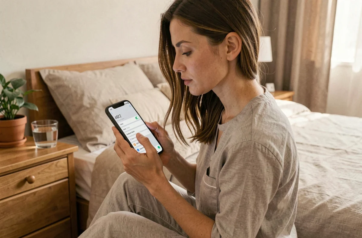 Femme configurant une alarme sonore sur son smartphone assis sur le bord d'un lit dans une chambre à coucher moderne