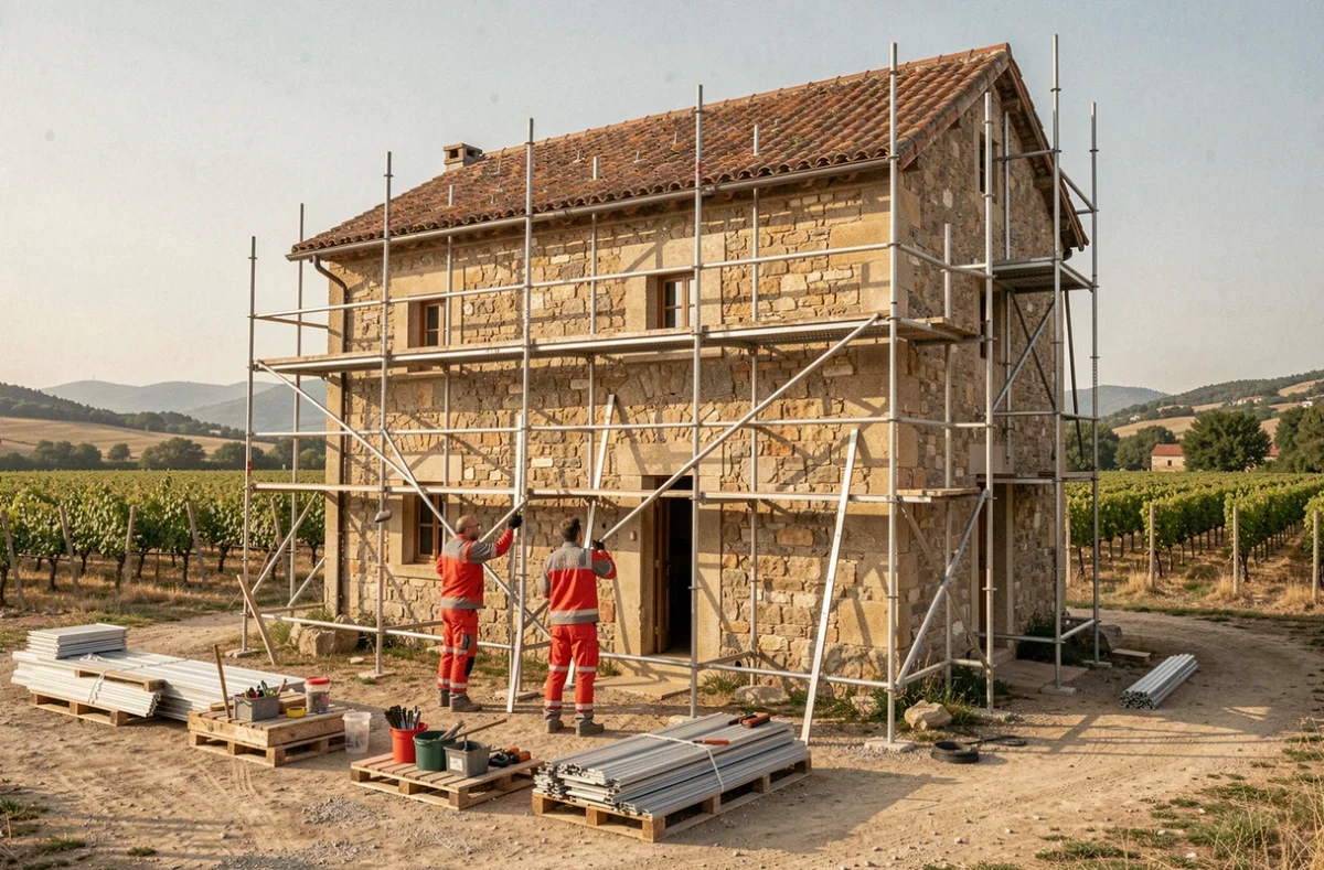 Équipe de Constructeur Varois montant des échafaudages autour d'un mas en pierre dans le Var