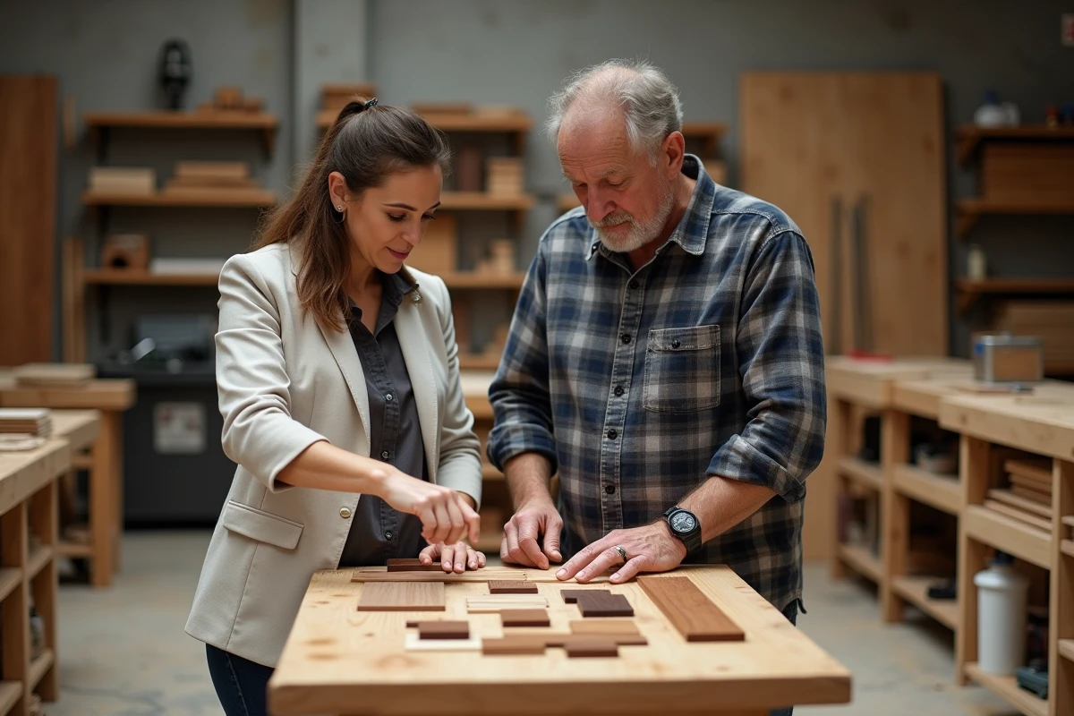 Client et menuisier en consultation autour d'échantillons de bois dans un atelier artisanal
