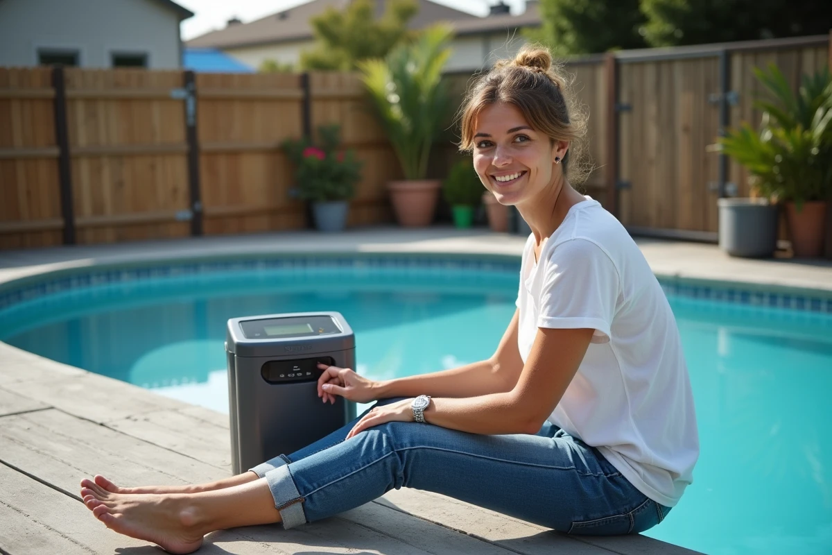 Femme vérifiant le panneau de contrôle du chauffage de la piscine