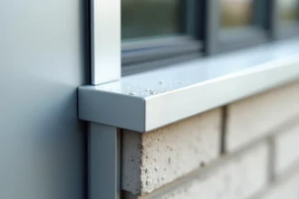 Cornière aluminium anodisé posée sur l'angle extérieur d'une façade moderne en bardage composite gris