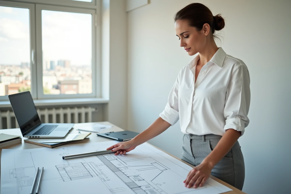 Architecte comparant une cornière en aluminium sur mesure avec des plans techniques dans un bureau moderne