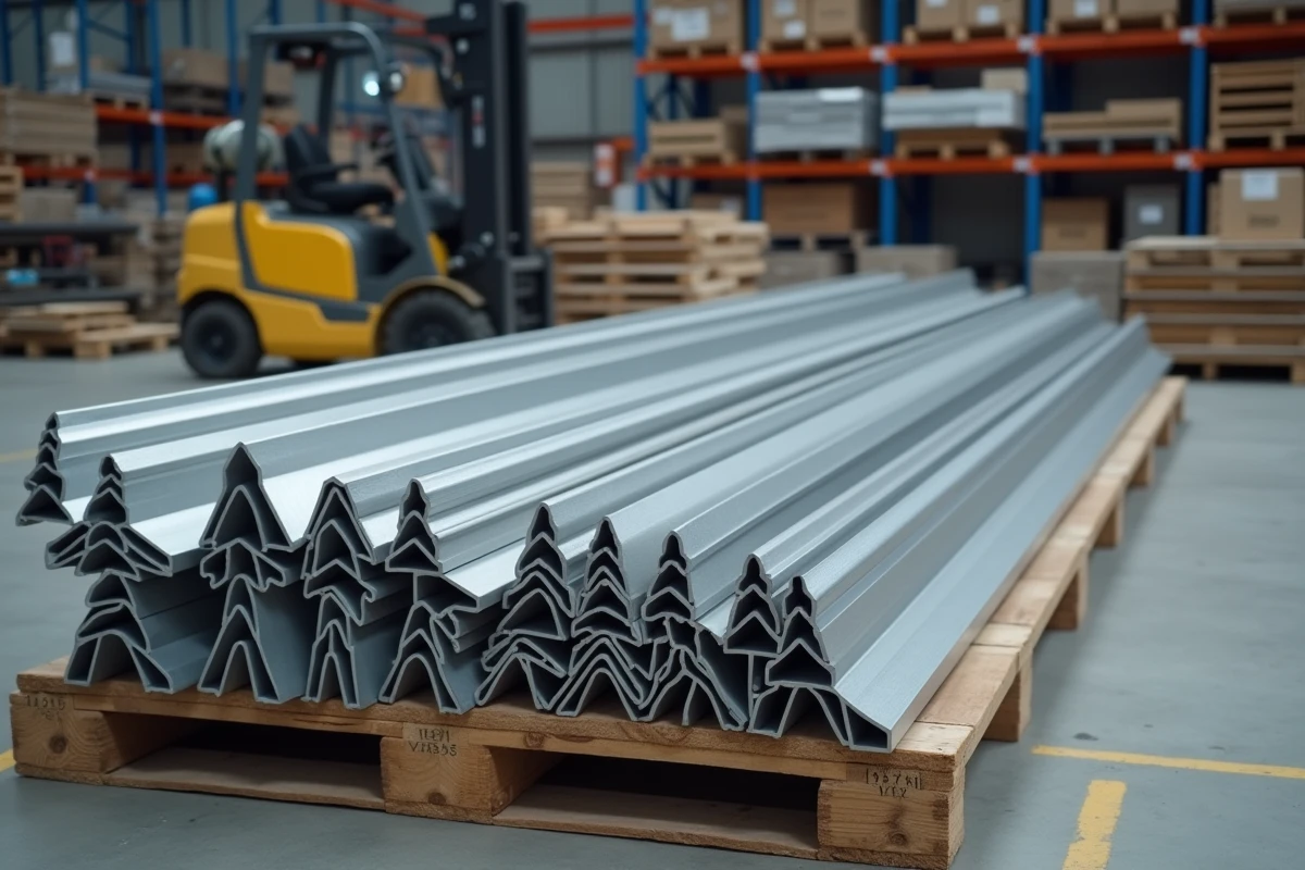 Cornières en aluminium standard de différentes dimensions stockées dans un entrepôt de matériaux de construction