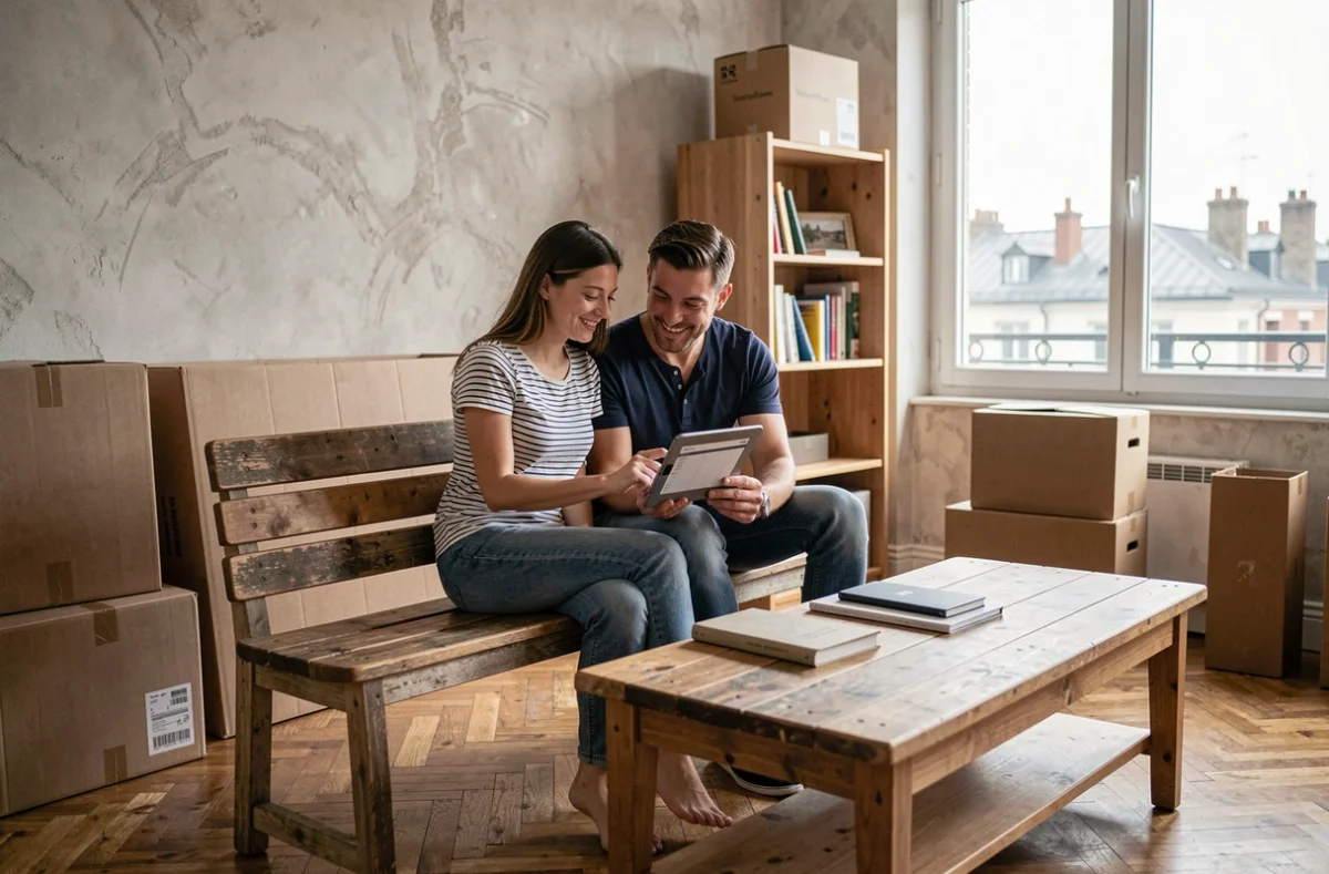 Couple planifiant l'aménagement de leur appartement à Bordeaux avec des meubles achetés en déstockage
