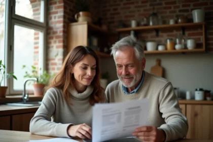Couple belge comparant des devis de rénovation sur ordinateur portable dans une cuisine en briques apparentes