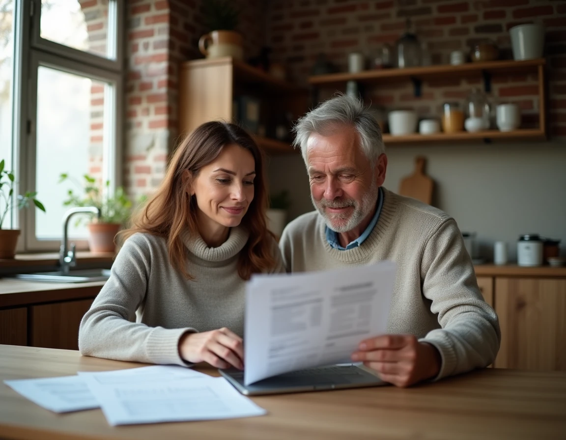 Couple belge comparant des devis de rénovation sur ordinateur portable dans une cuisine en briques apparentes