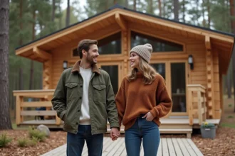 Jeune couple dans un chalet en automne avec forêt