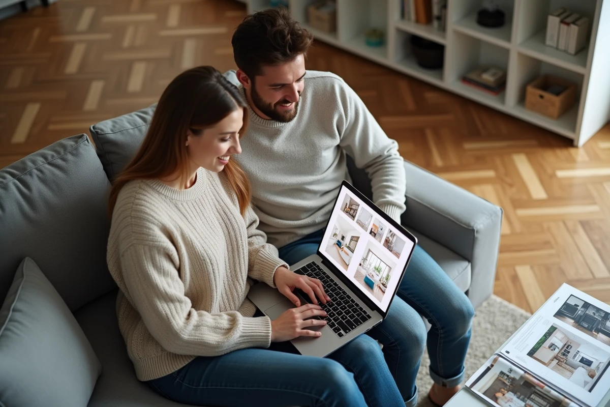 Couple consultant l'application Lamaison360 sur ordinateur portable pour intégrer photos et plans de leur maison en rénovation