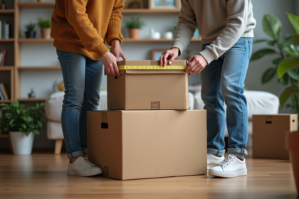 Jeune couple mesurant des cartons dans un salon organisé
