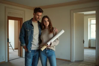 Couple examine une vieille maison pour rénovation