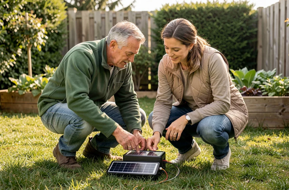 Couple testant un petit panneau solaire portable dans leur jardin avec un contrôleur de charge