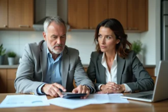 Couple d'adultes travaillant à la maison avec papiers et calculatrice