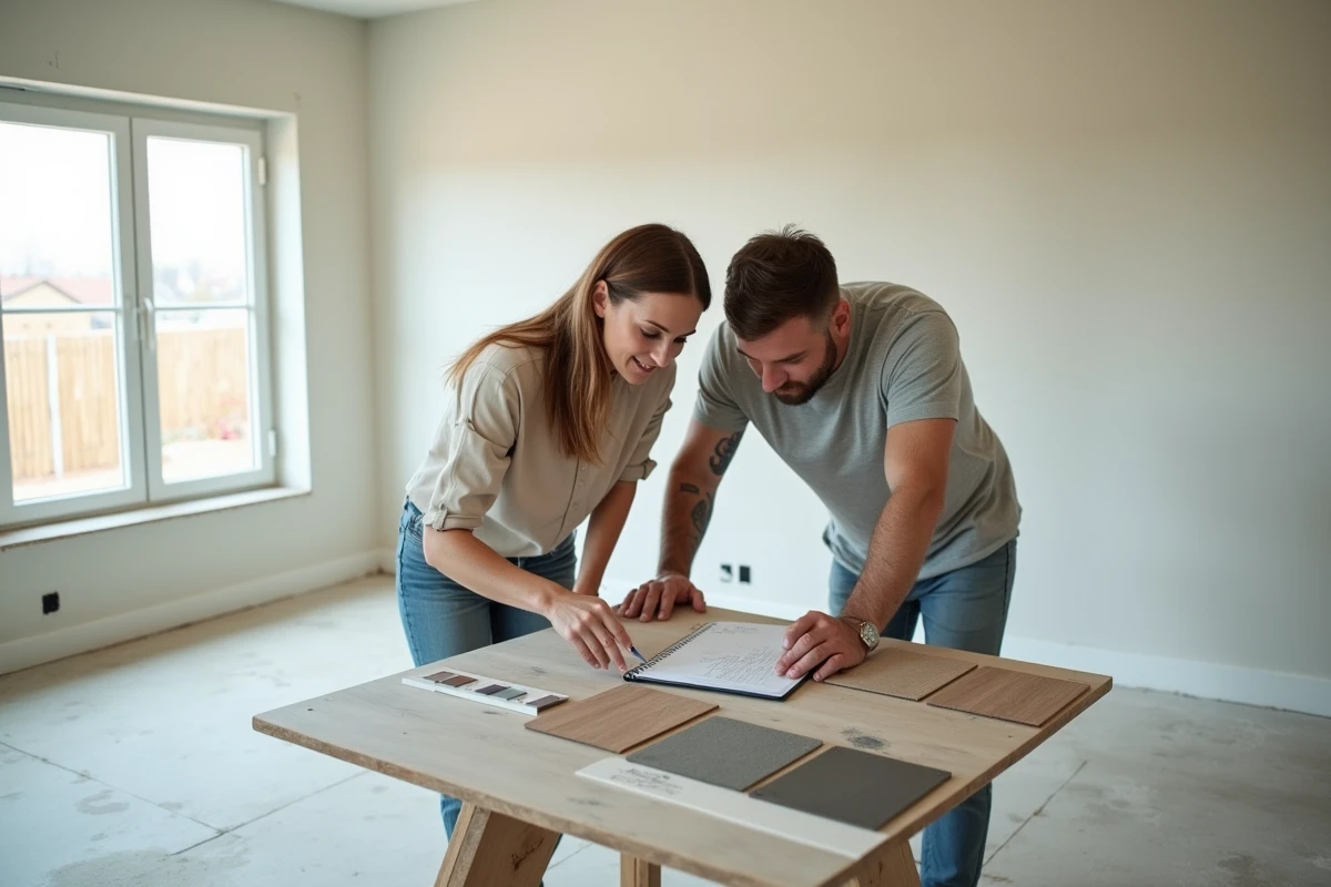 Couple examinant des échantillons de matériaux et une check-list dans une maison neuve non meublée avant validation du projet