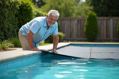 Homme posant une couverture solaire sur une piscine dans un jardin