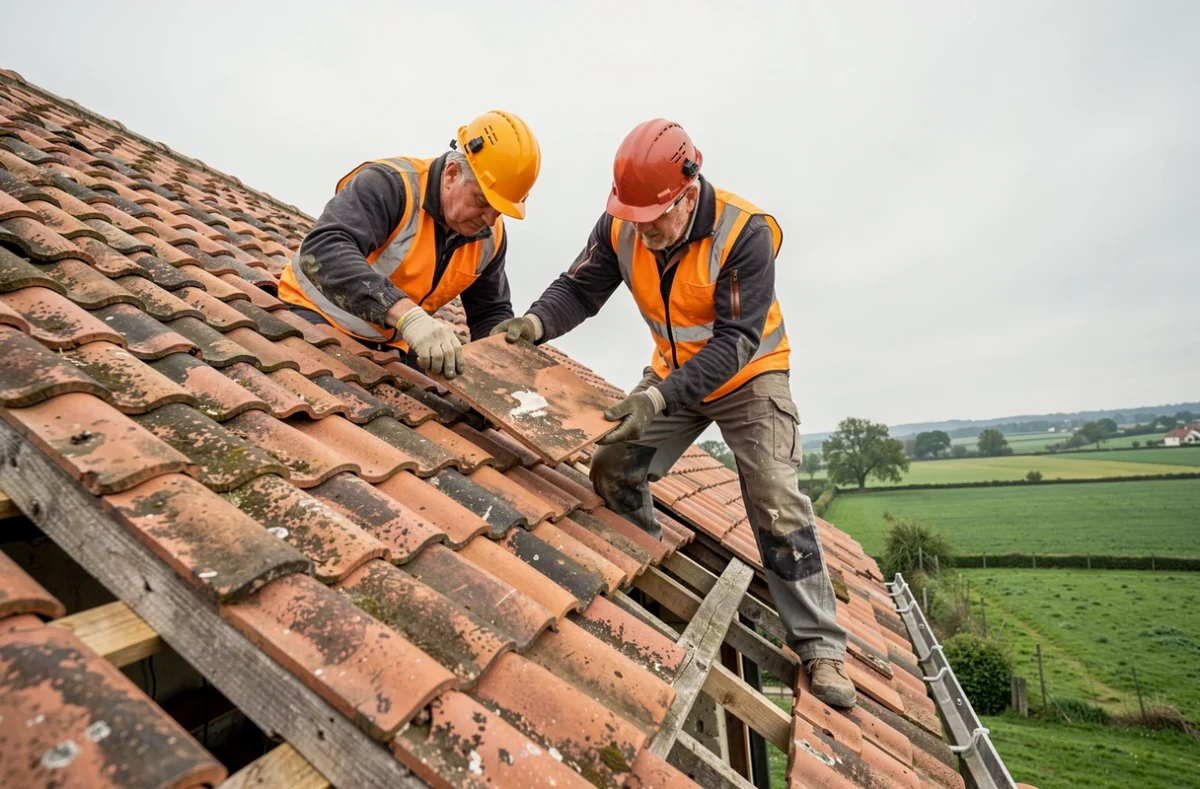 Couvreurs en Seine-et-Marne inspectant et remplaçant des tuiles sur une toiture de maison ancienne