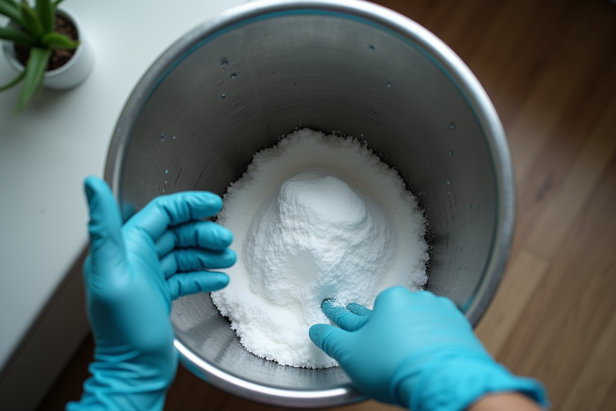 Main gantée saupoudrant du bicarbonate dans une poubelle de cuisine propre
