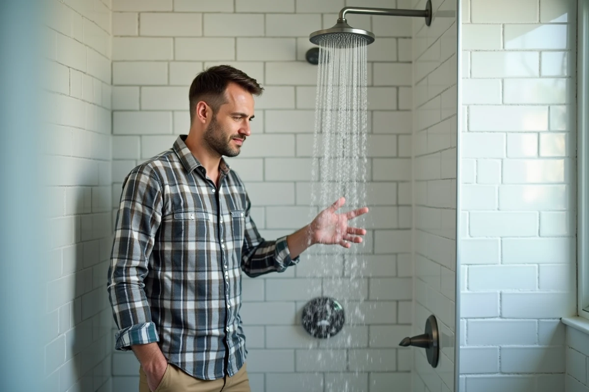 Propriétaire vérifiant le débit d'un pommeau de douche chromé pour diagnostiquer une faible pression d'eau chaude