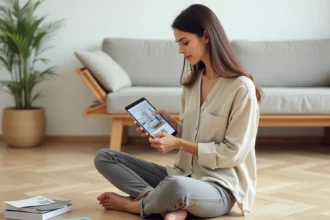 Jeune femme débutante utilisant une application de décoration d'intérieur sur tablette, assise sur un parquet en bois dans un salon minimaliste