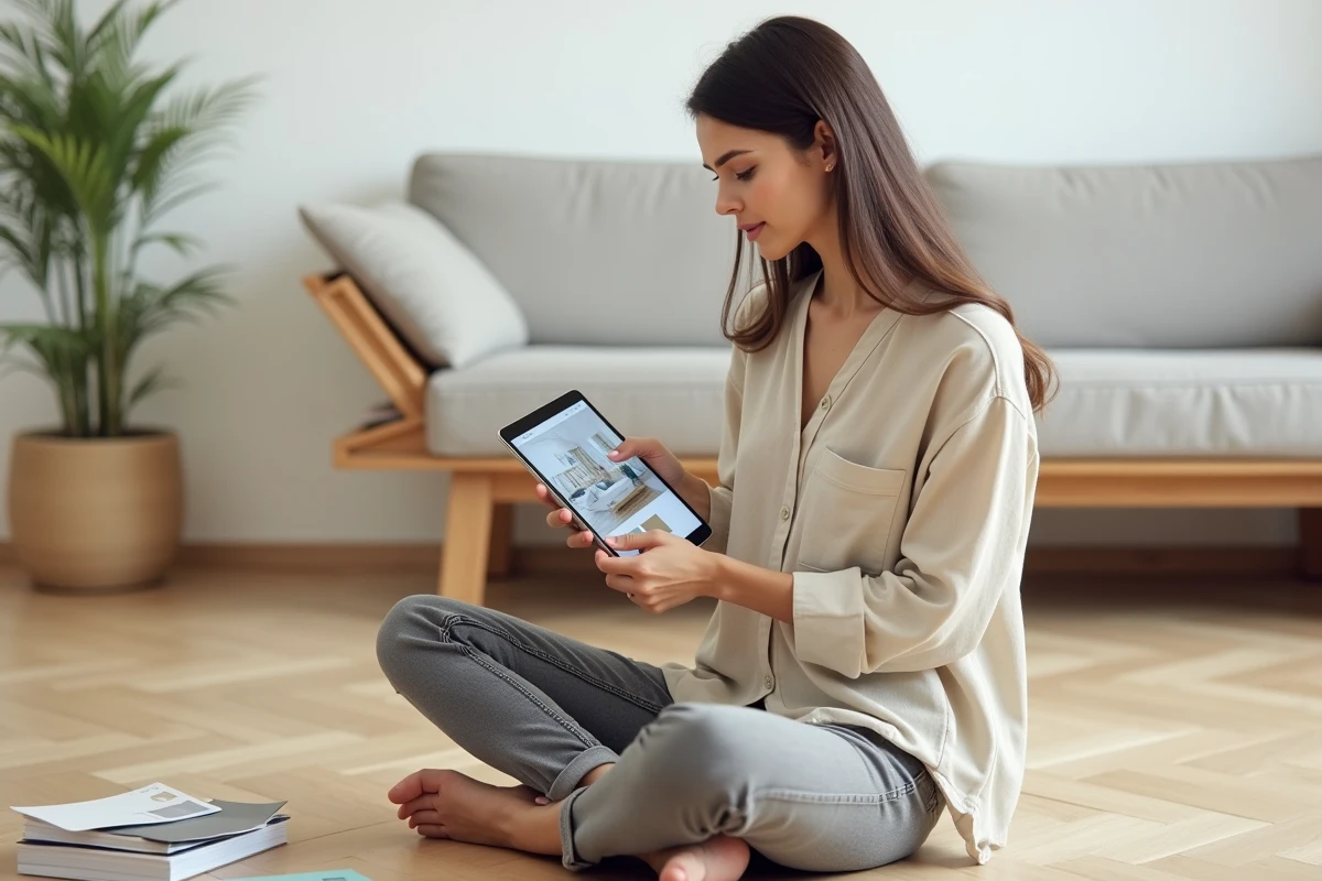 Jeune femme débutante utilisant une application de décoration d'intérieur sur tablette, assise sur un parquet en bois dans un salon minimaliste