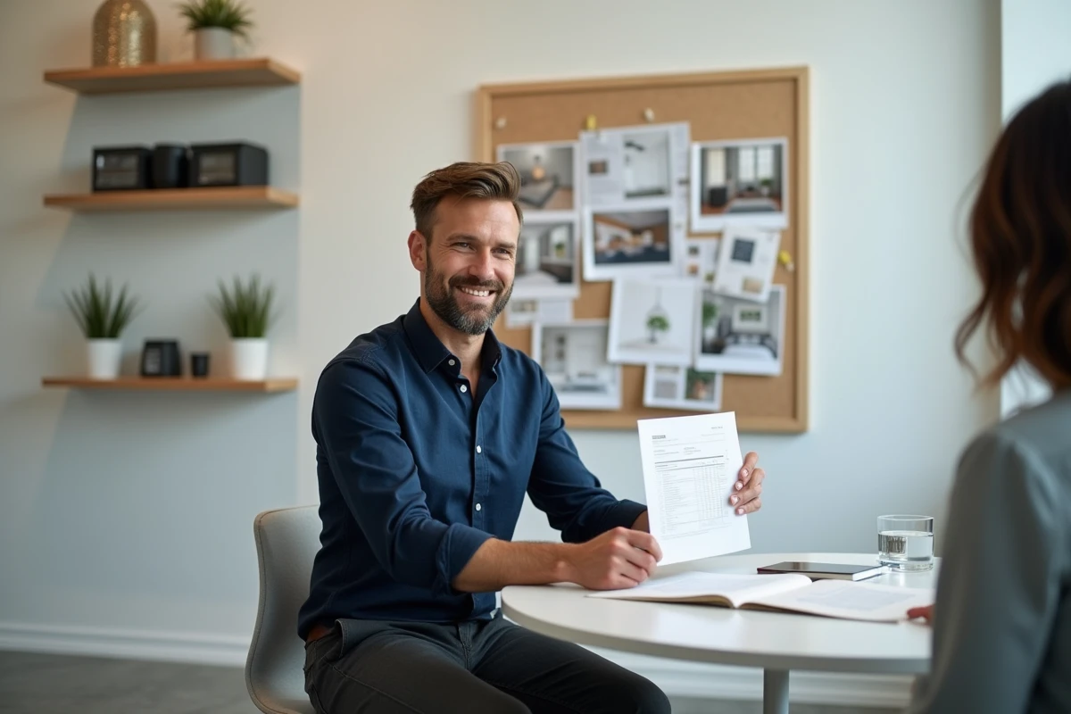 Décorateur intérieur présentant un devis à un client dans un studio de décoration professionnel
