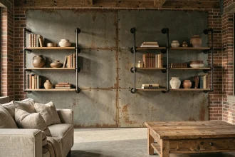 Décoration murale industrielle haut de gamme avec panneau métallique patiné, étagères en tuyaux de fer et briques apparentes dans un loft raffiné