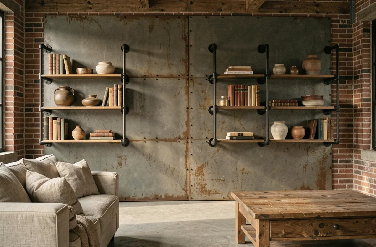 Décoration murale industrielle haut de gamme avec panneau métallique patiné, étagères en tuyaux de fer et briques apparentes dans un loft raffiné