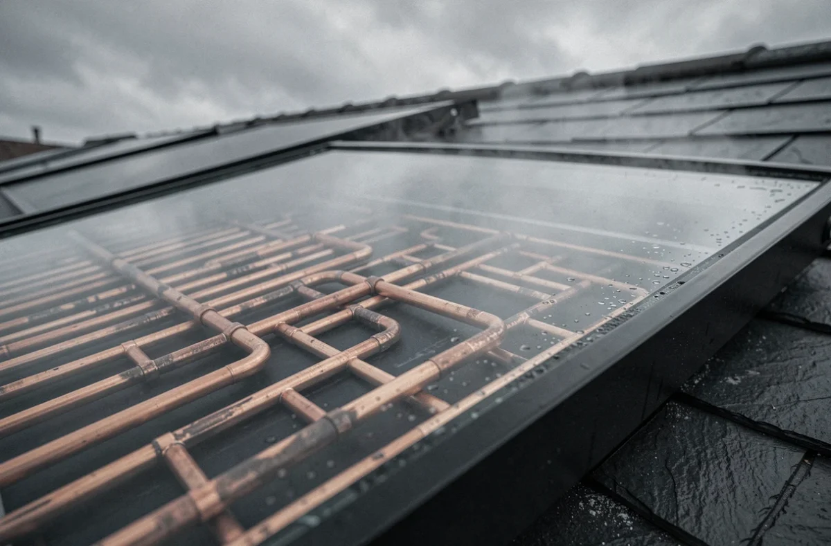 Détail d'un capteur solaire thermique avec réseau de tubes en cuivre pour la production de chaleur résidentielle