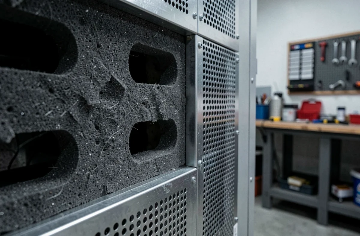 Détail intérieur d'un caisson d'insonorisation avec mousse acoustique et grilles de ventilation pour pompe à chaleur